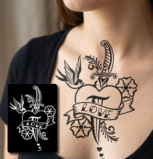CS009 - Old School Heart & Flowers Airtattoo Stencil
