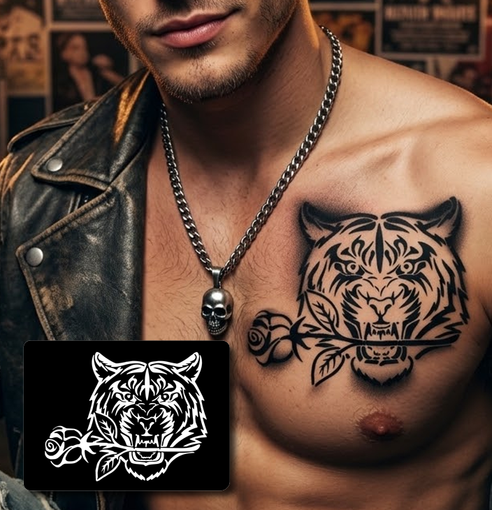 CS018 - Roaring Tiger & Rose Airtattoo Stencil