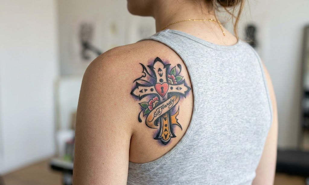 CS005 - Gothic Cross & Heart Lock Airtattoo Stencil