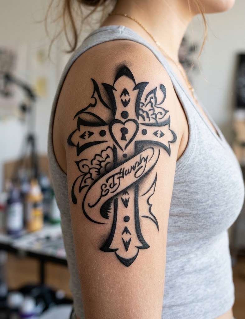 CS005 - Gothic Cross & Heart Lock Airtattoo Stencil